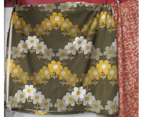 A pair of Khaki ground linen mix curtains displaying large yellow daisies, lined 130cm drop x 230cm wide approx 