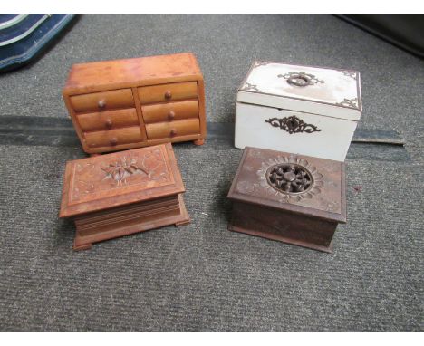 A painted tea caddy, a small wooden chest of drawers etc. 