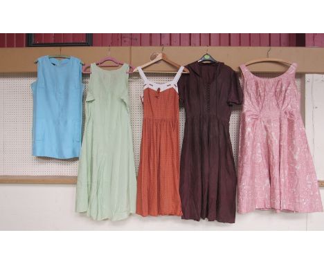 Three mid 20th Century lady's dresses a pale green rayon under slip and a late 1940's/early 50's chocolate brown rayon dress 