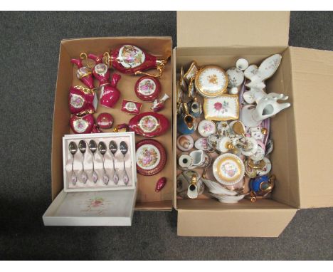 Two boxes of Limoges porcelain including ring stand, pin dishes, jugs, cased teaspoon set etc 