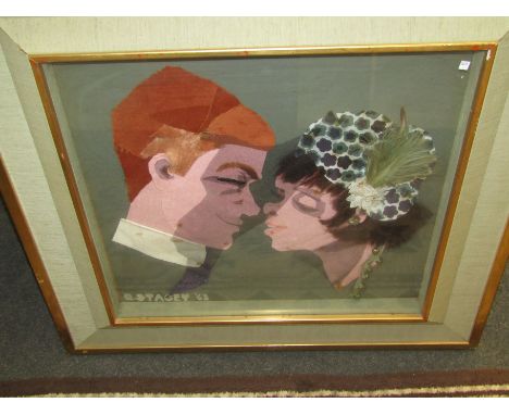 GLORIA STACEY: A collage depicting a couple entitled "Double Portrait", signed, framed and glazed, 54cm x 57cm image size 