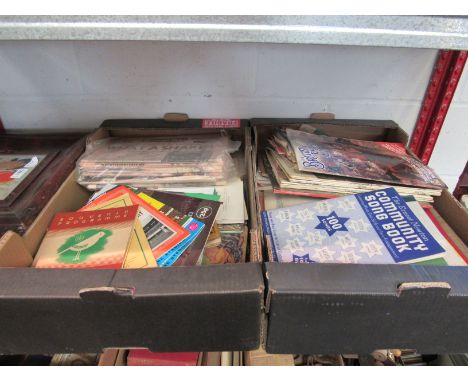 Two boxes of ephemera to include Norwich City football programmes: Norwich vs Arsenal, 12th Jan 1952, Arsenal vs Norwich 30th