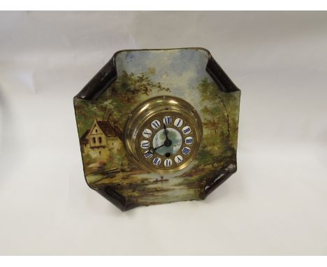A late 19th/ early 20th Century easel clock with French 8-day balance wheel movement, the clock surrounded by a hand painted 