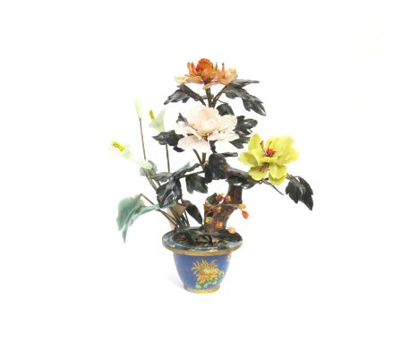A Jade, moss jade, rock crystal tree in cloisonné pot. Approx. 44cm high 