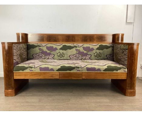 BIEDERMEIER OR EMPIRE STYLE MAHOGANY SOFA, EARLY 20TH CENTURY outlined in boxwood, fabric upholstery depicting frogs on lily 