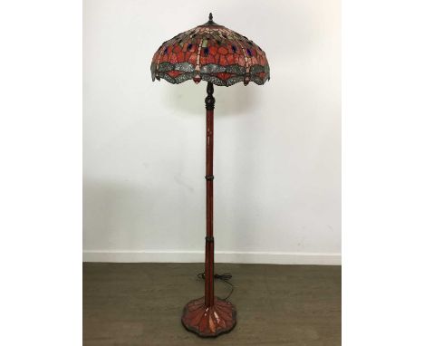 PAIR OF TIFFANY STYLE FLOOR LAMPS, each with leaded composition circular shade decorated with dragonflies to red ground, over