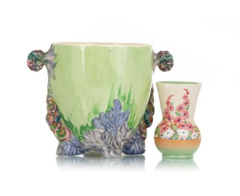 CLARICE CLIFF 'MY GARDEN' TWIN HANDLED PLANTER, AND A SMALLER CLARICE CLIFF VASE, of cylindrical form, decorated with flowers