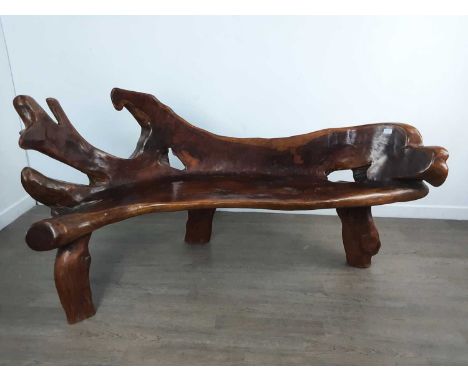 ROOT WOOD BENCH, CONTEMPORARY with organically formed curved back, on three supports90cm high x 183cm wide