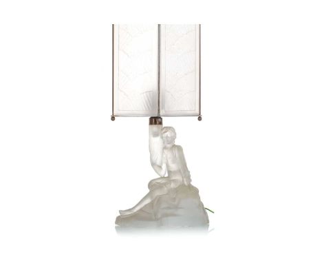 ART DECO FROSTED GLASS TABLE LAMP, CIRCA 1920-40 with moulded glass shade, the base modelled as a lady sat upon rocks, wired 