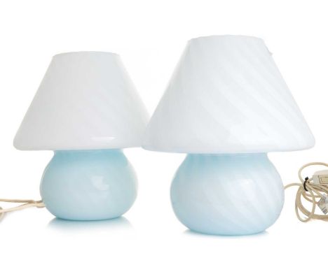 ATTRIBUTED TO VISTOSSI, PAIR OF MURANO GLASS 'MUSHROOM' TABLE LAMPS, LATE 20TH CENTURY with swirl decoration38cm highBoth lam