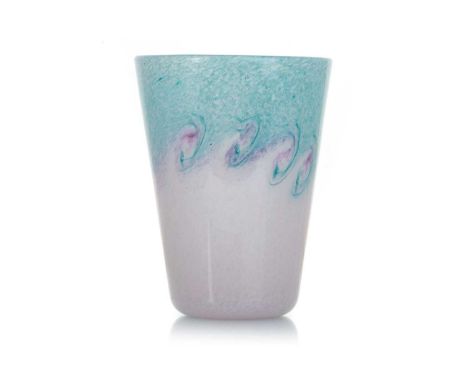 VASART GLASS VASE, POST-WAR of tapering cylindrical form, decorated in green and pink tones, mark to base10cm highCondition g