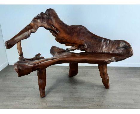 ROOT WOOD HALL BENCH, CONTEMPORARY with organically formed curved back, on three supports124cm high, 166cm wide