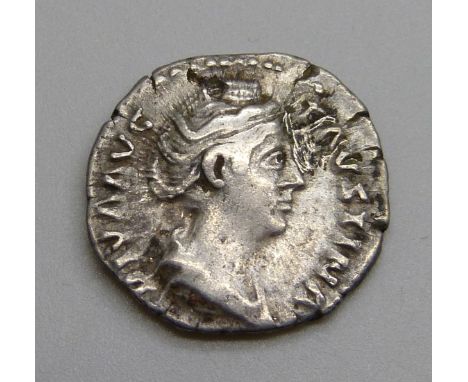 Coins; a Diva Faustina silver Denarius (142-146AD), bust - Diva Avg Faustina, wife of Antonius Pius, died 141AD, reverse: Cer