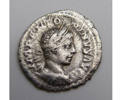 Coins; Elagabalus silver Denarius (219 AD Rome) Impantoninvs Avg Draped Bust, Reverse; PMTRPIICOSIIPP, Pax holding branch and