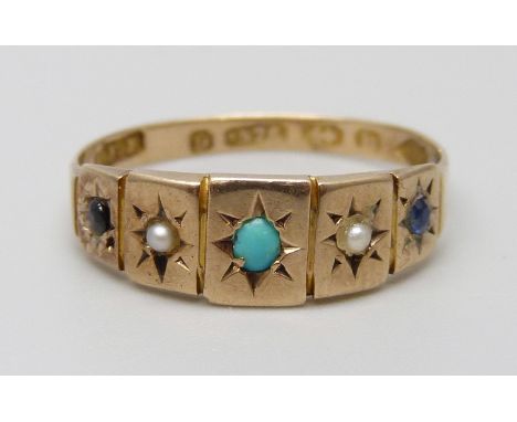 A Victorian 9ct gold, seed pearl and turquoise ring, 1.5g, O