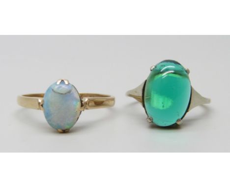 A 9ct gold and opal ring and a yellow metal and green stone ring, 2.9g, L and F/G, opal a/f