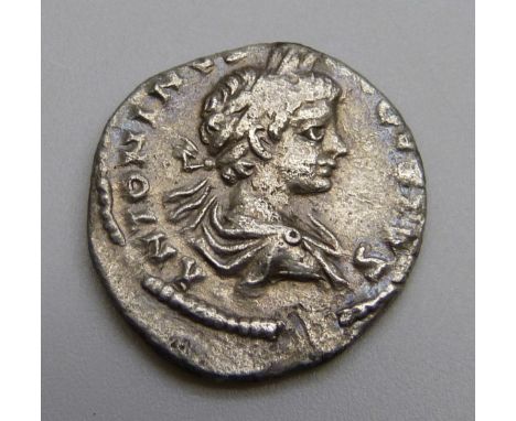 Coins; Caracalla silver Denarius (198-217AD) bust of Caracalla draped, reverse-FELICITAS AVG Felicitas holding caduceus and c