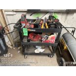 Lot: Milwaukee grease gun, charger no battery, staple guns, hammers, and cart