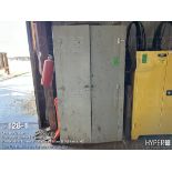 Lot: Two door cabinet w/bearing and line parts, belts, steel table with bench vise, steel table