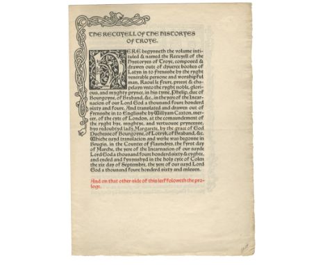 KELMSCOTT PRESS[The Recuyell of the Historyes of Troye],  4-page specimen on a single bifolium, printed in red and black, inc