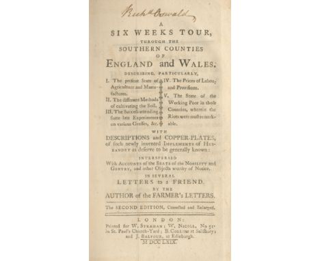 YOUNG (ARTHUR)A Six Weeks Tour, through the Southern Counties of England and Wales,  second edition, folding engraved frontis