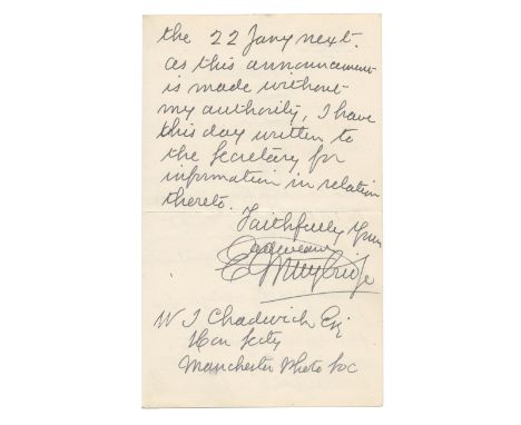 PHOTOGRAPHYMUYBRIDGE (EADWEARD) Autograph letter signed ('Eadweard Muybridge'), to W.J. Chadwick Esq., Hon. Secretary of the 