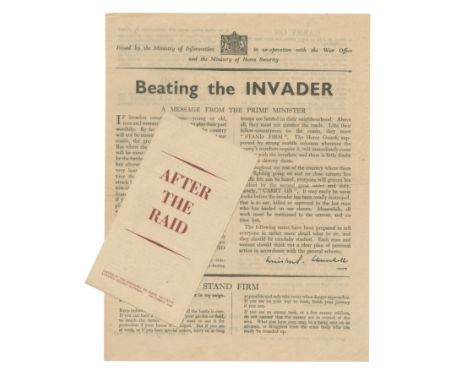 CHURCHILL (WINSTON)Beating the Invader. A Message from the Prime Minister,  2-page leaflet, 4 copies, all Cohen's first or se