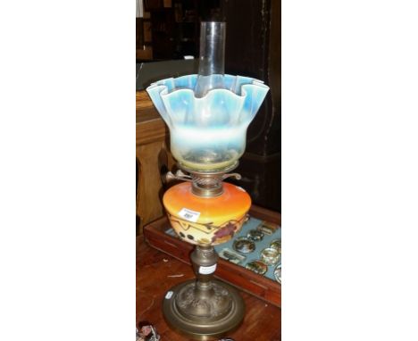 Aesthetic Movement or Art Nouveau oil lamp with fluted uranium glass shade, and enamelled orange glass tank