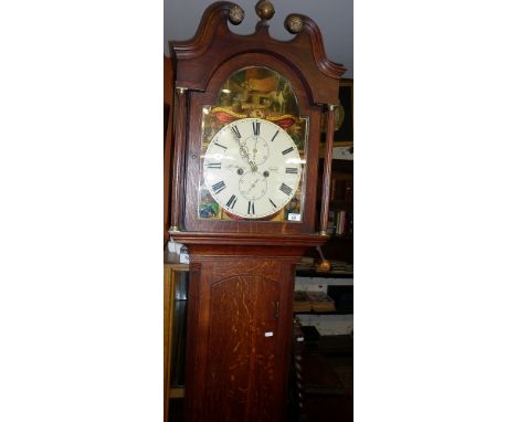 19th c. oak 8-day long case clock by R. Murray of Lauder, Scotland, the arch topped dial with painted decoration of Scottish 