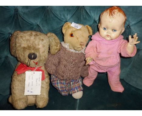 1920's Chad Valley toy dog, antique teddy bear and a Pedigree doll