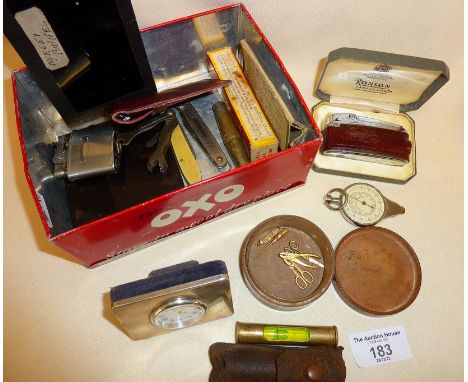 Hallmarked silver desk clock, Ronson lighters, miniature tools, etc.