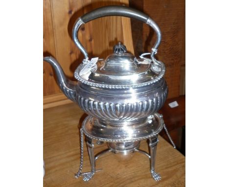 Victorian silver plated tea kettle on spirit burner stand