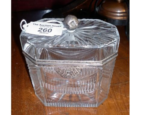 Georgian cut glass tea caddy with silver coloured metal mounts - small crack to rear of lid