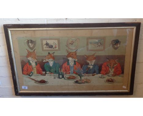 Edwardian colour print by Harry B Neilson of foxes in hunting outfits titled "Mr Fox's Hunt Breakfast on Xmas Day" (slight fo