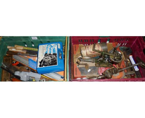 Two crates of tools including snow chains, hand drill and lawn sprayer