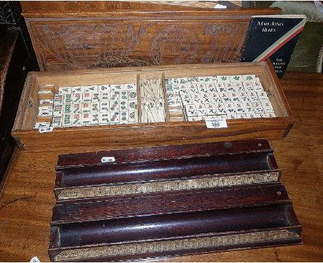 Bone and Bamboo Mah Jong set in case with tile stands, gambling sticks, etc.