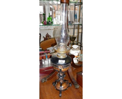 Arts &amp; Crafts oil lamp with blackened and coppered decoration