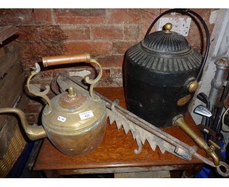 Cast iron Inglenook kettle, pot hook and a copper kettle 