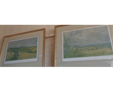 Pair Lionel Edwards colour prints of hunting scenes, one signed in pencil lower left, 22" x 28" each including frame
