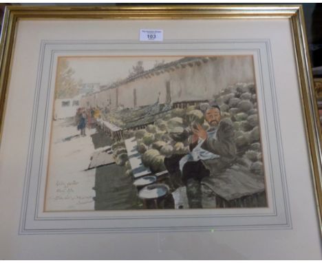 Watercolour of a market with a melon seller, by R. Standish Sweeney 