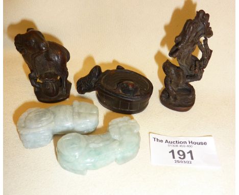 Three composite Japanese Okimono/Netsuke style figures and some carved stone weights