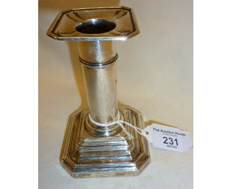 Single silver candlestick, approx. 11cm high. Hallmarked for Sheffield circa 1907, few small dents