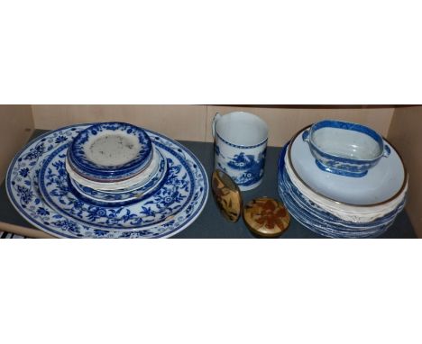 Antique blue and white china, meat platters etc. (shelf of)