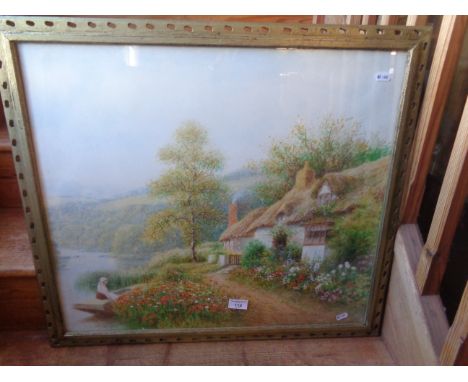 Large watercolour of a cottage and girl in punt by a river, by R. Thornton