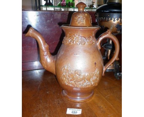 Antique salt glazed Staffordshire coffee pot with hunting scenes of gun dog and hare