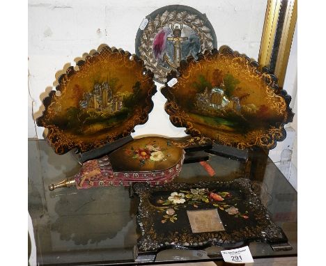 Pair of Victorian lacquered papier mache bookends, a similar inkstand, bellows and a shells framed mirror with anchor thermom