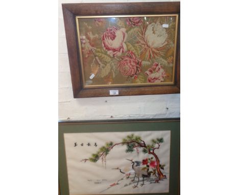 Victorian tapestry picture in oak frame and a Japanese embroidered silk picture