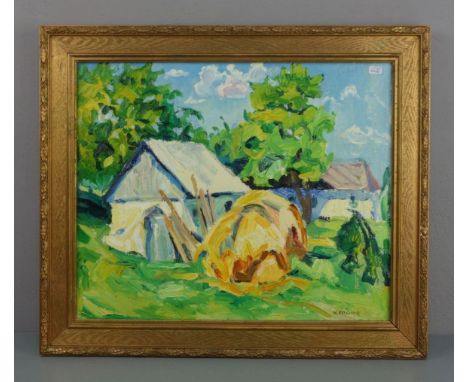 KRASNOV, ALEXEIJ (geb. 1923), Gemälde: "Sonnige Landschaft mit Gehöft und Heuschober", Öl auf Leinwand, u. r. kyrillisch sign