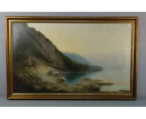 REGNIER, J. (Maler des 19. Jh., wohl Auguste Jacques Regnier, 1787-1860), Gemälde: "Gewässer mit felsiger Küste und ferner Bu