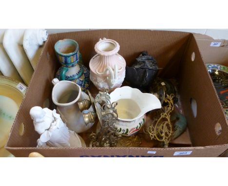 A box of sundry items including Continental parian figure, a pair of brass two branch wall sconces, a bronzed Japanese two ha